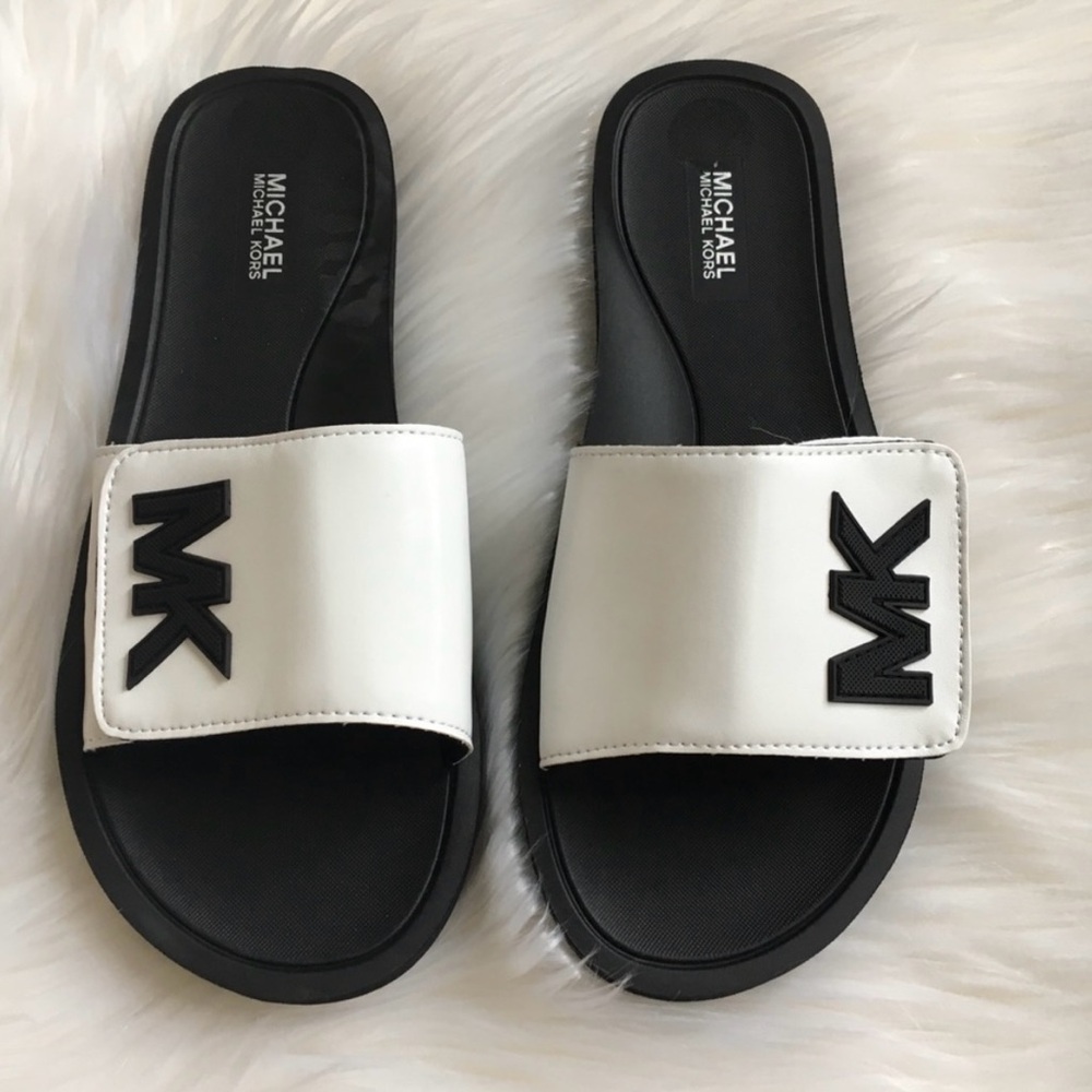 Michael Kors Black and White Sandals with Wide Strap and MK Logo